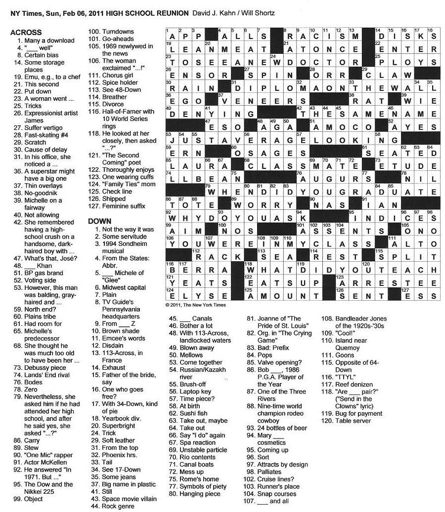 The New York Times Crossword In Gothic 02 06 11 High School Reunion