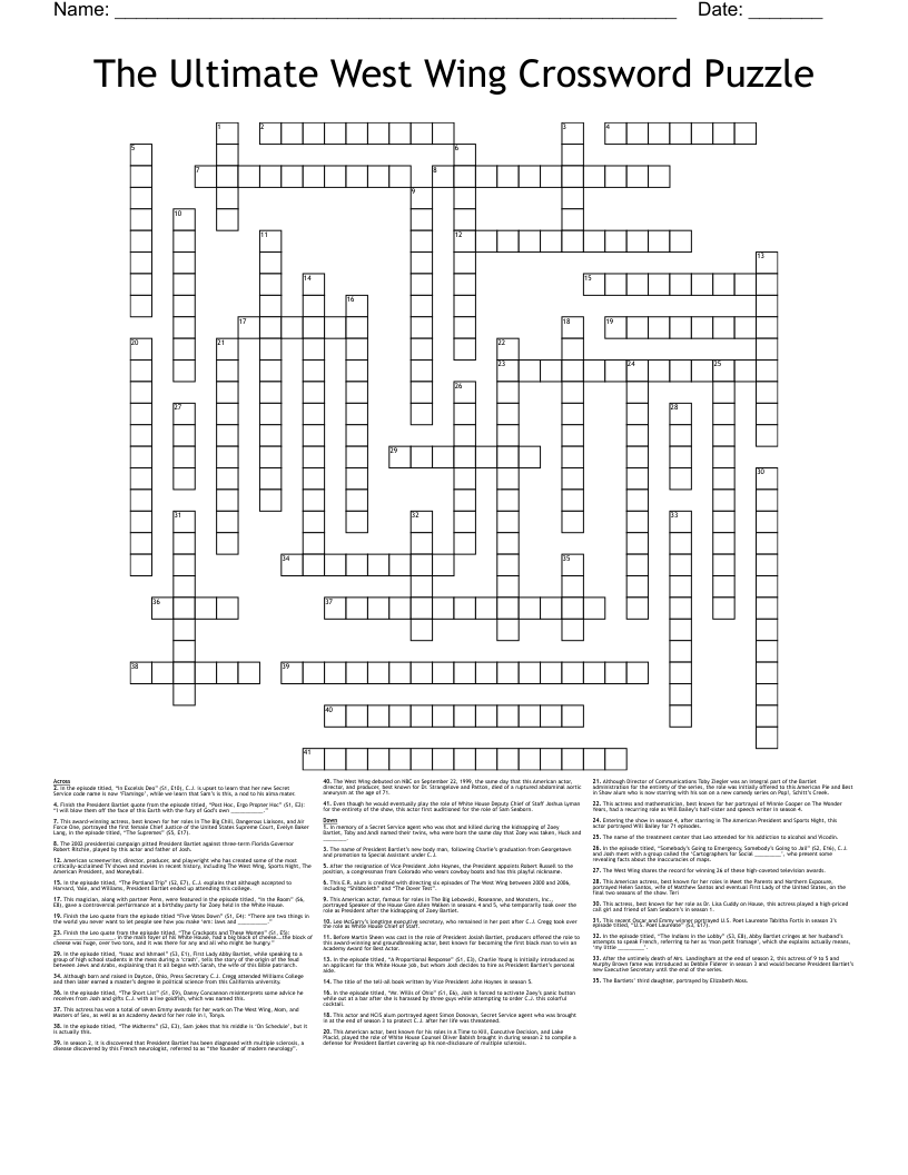 The Ultimate West Wing Crossword Puzzle WordMint