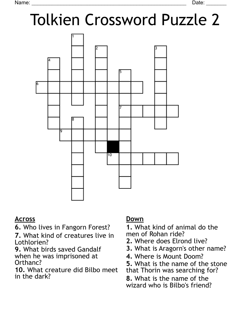 Tolkien Crossword Puzzle 2 WordMint