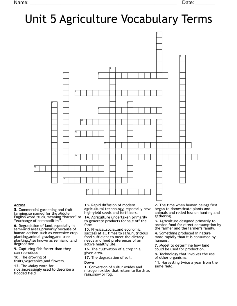 Unit 5 Agriculture Vocabulary Terms Crossword WordMint