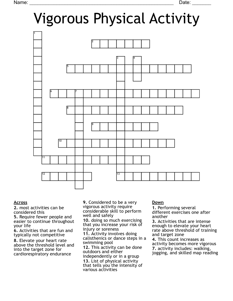 Vigorous Physical Activity Crossword WordMint