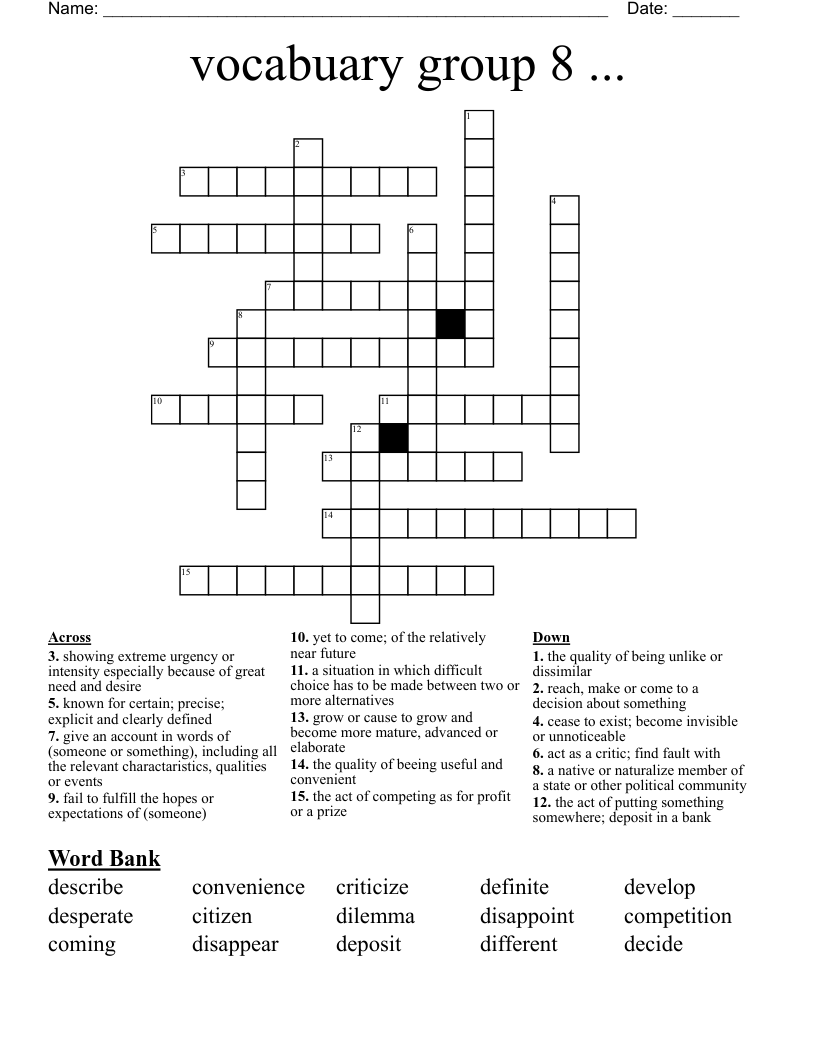 Vocabuary Group 8 Crossword WordMint