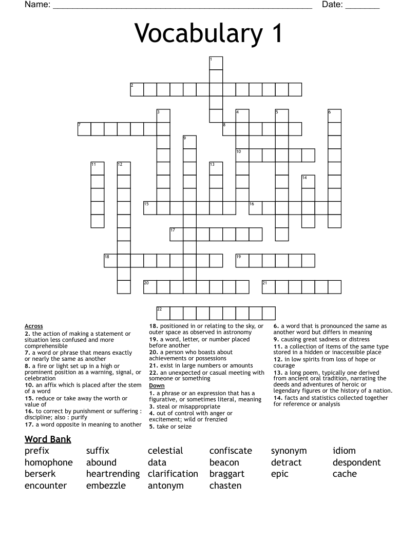 Vocabulary 1 Crossword WordMint