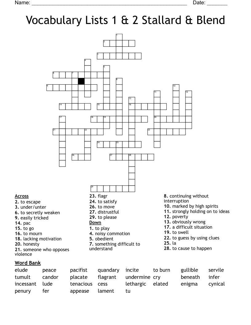 Vocabulary Lists 1 2 Stallard Blend Crossword WordMint
