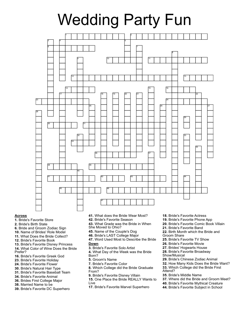 Wedding Party Fun Crossword WordMint