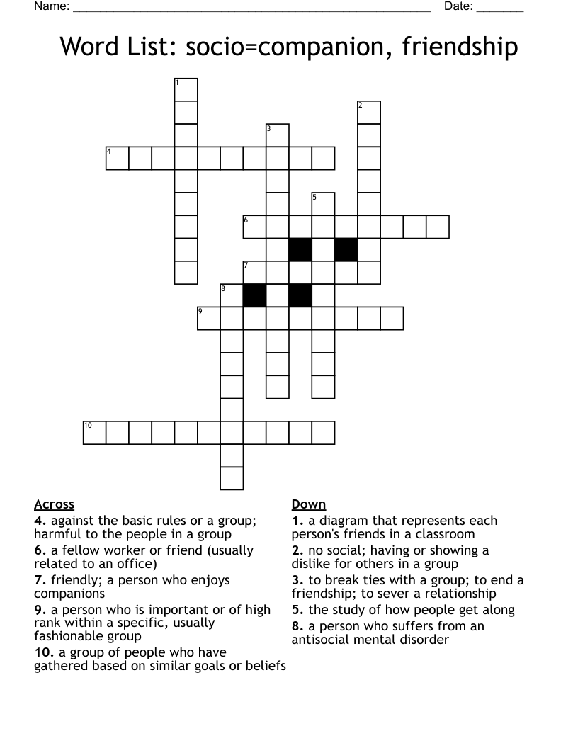 Word List Socio companion Friendship Crossword WordMint