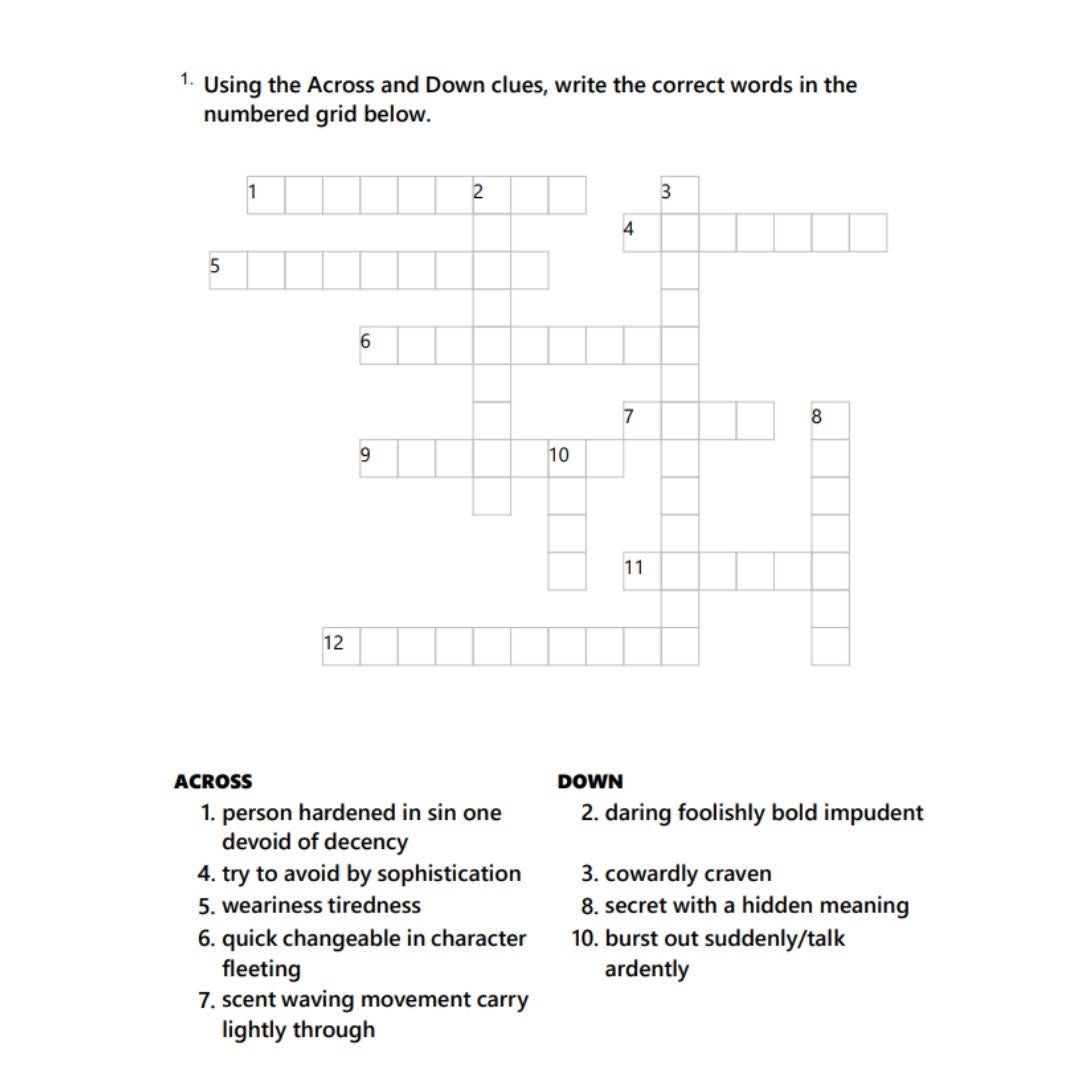 Crossword Puzzle Printable Pages With Answer Key For Kids Teens Adults Etsy