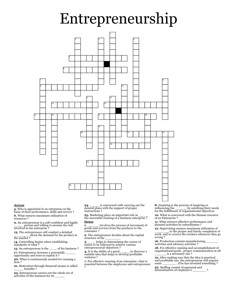 Entrepreneurship Crossword WordMint Entrepreneurship Crossword WordMint