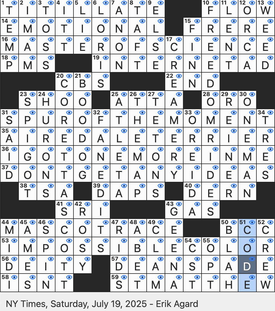 Rex Parker Does The NYT Crossword Puzzle What R rated Photos May Do SAT 7 19 25 Crispy Crinkles Brand Stygian Blue Or Reddish green Barbecued Mongolia Dish Whose Name Sounds Like