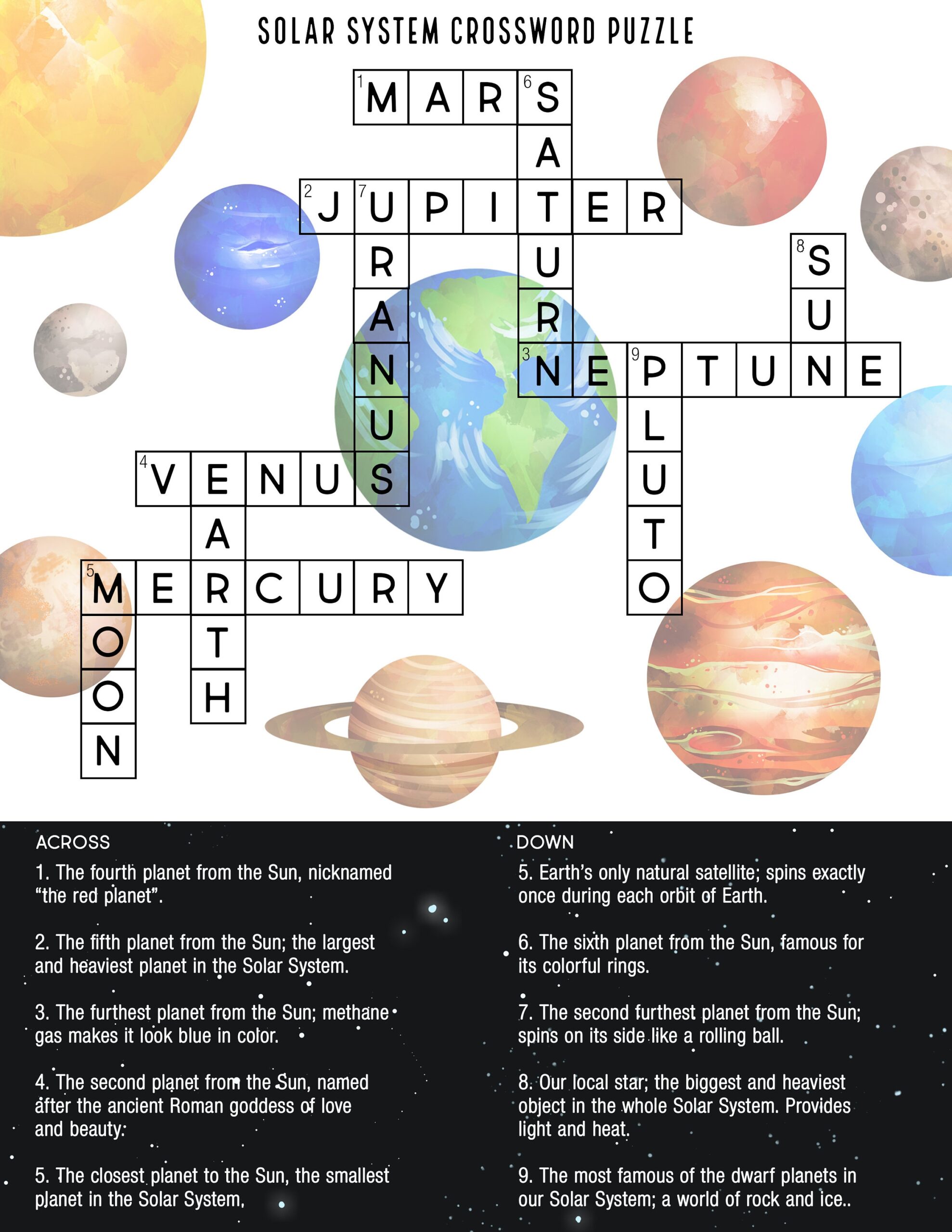 Solar System Crossword Puzzle Educational Printable Digital Print INSTANT DOWNLOAD Etsy