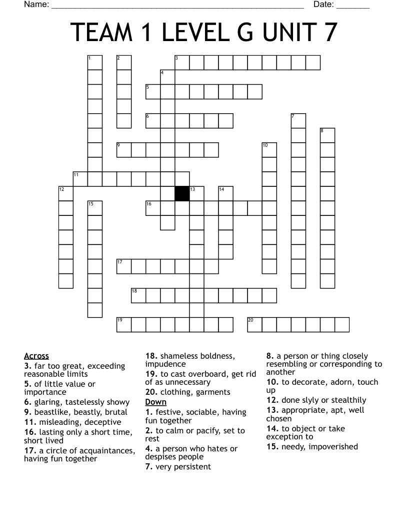 TEAM 1 LEVEL G UNIT 7 Crossword WordMint